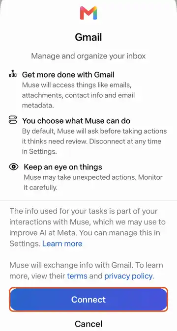 Muse screen: Read what Muse will see, then tap Connect