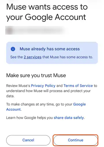 Muse screen: Check the access and tap Continue